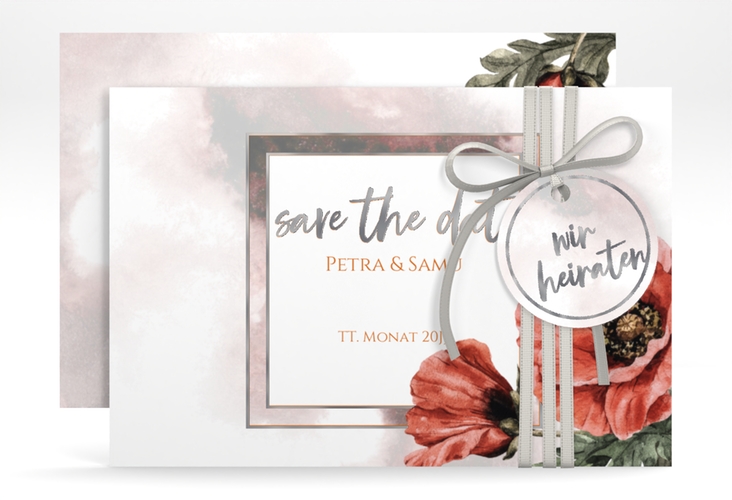 Save the Date-Karte Sommer A6 Karte quer silber mit Mohnblumen-Aquarell