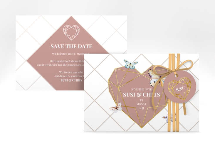 Save the Date-Karte Butterfly A6 Karte quer gold mit Schmetterlingen und Herz im Geometric Design