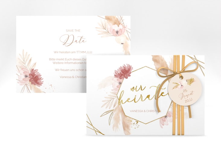 Save the Date-Karte Bohostyle A6 Karte quer gold mit Pampasgras in Aquarell