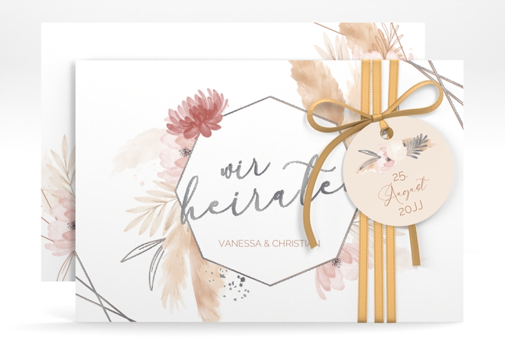 Save the Date-Karte Bohostyle A6 Karte quer silber mit Pampasgras in Aquarell