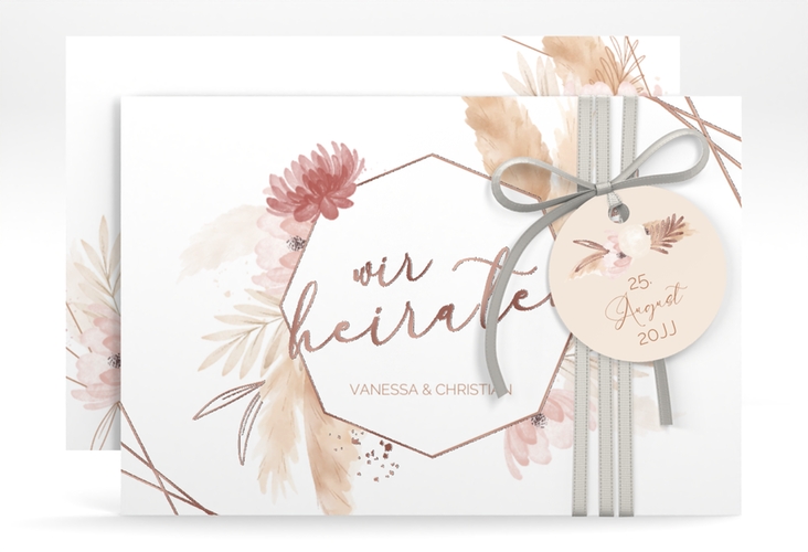 Save the Date-Karte Bohostyle A6 Karte quer rosegold mit Pampasgras in Aquarell