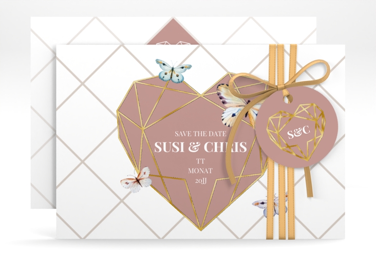 Save the Date-Karte Butterfly A6 Karte quer gold mit Schmetterlingen und Herz im Geometric Design