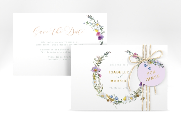 Save the Date-Karte Blumengarten A6 Karte quer bunt gold mit Blumenkranz und Hummel