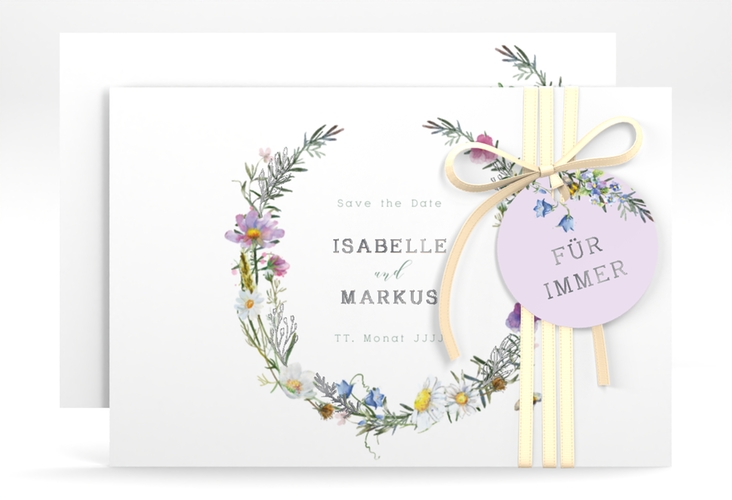 Save the Date-Karte Blumengarten A6 Karte quer bunt silber mit Blumenkranz und Hummel