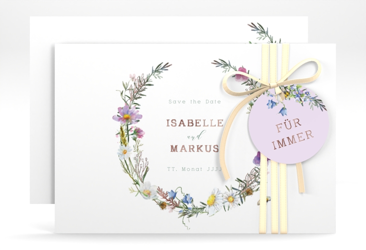 Save the Date-Karte Blumengarten A6 Karte quer bunt rosegold mit Blumenkranz und Hummel