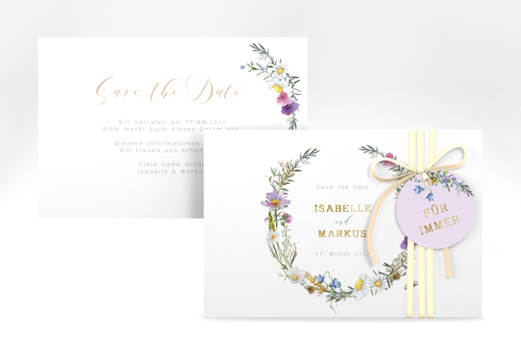 Save the Date-Karte Blumengarten A6 Karte quer bunt gold mit Blumenkranz und Hummel