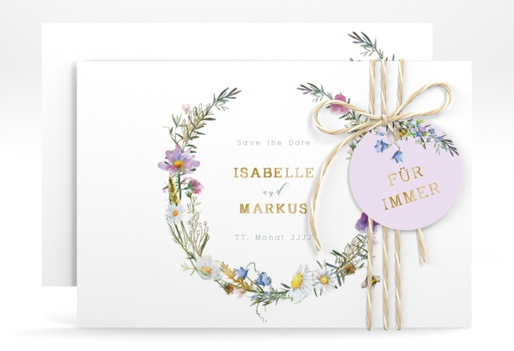 Save the Date-Karte Blumengarten A6 Karte quer bunt gold mit Blumenkranz und Hummel