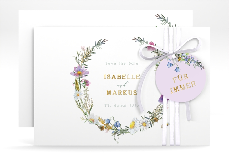 Save the Date-Karte Blumengarten A6 Karte quer bunt gold mit Blumenkranz und Hummel