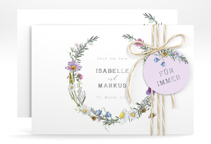 Save the Date-Karte Blumengarten A6 Karte quer bunt silber mit Blumenkranz und Hummel