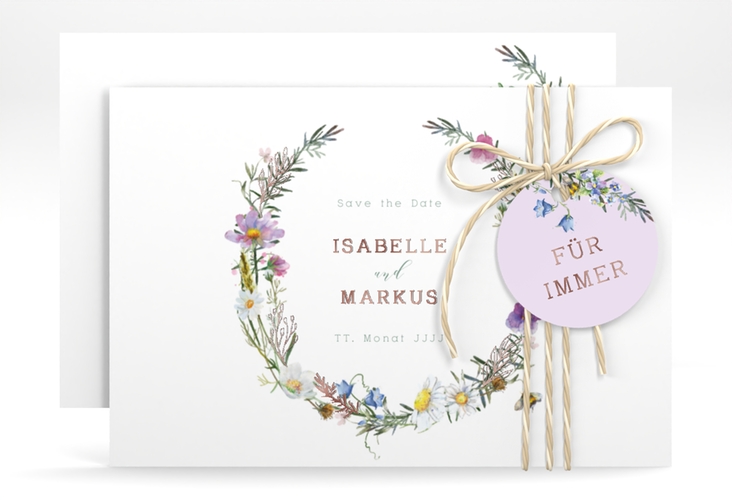 Save the Date-Karte Blumengarten A6 Karte quer bunt rosegold mit Blumenkranz und Hummel