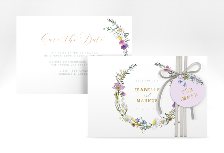 Save the Date-Karte Blumengarten A6 Karte quer bunt gold mit Blumenkranz und Hummel