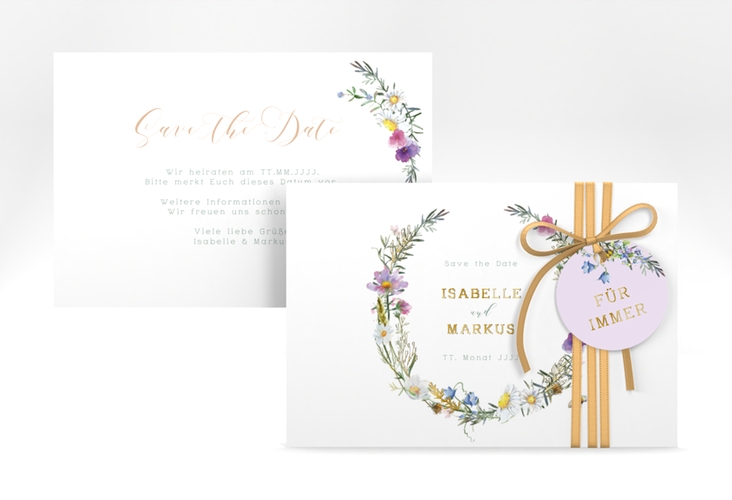 Save the Date-Karte Blumengarten A6 Karte quer bunt gold mit Blumenkranz und Hummel