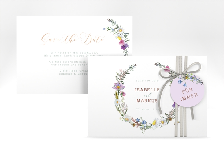 Save the Date-Karte Blumengarten A6 Karte quer bunt rosegold mit Blumenkranz und Hummel