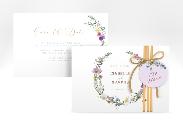 Save the Date-Karte Blumengarten A6 Karte quer bunt rosegold mit Blumenkranz und Hummel