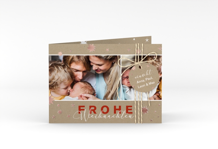 Weihnachtskarte Schneeglanz A6 Klappkarte quer Kraftpapier rosegold