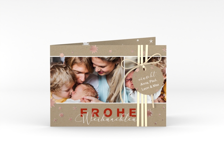 Weihnachtskarte Schneeglanz A6 Klappkarte quer Kraftpapier rosegold