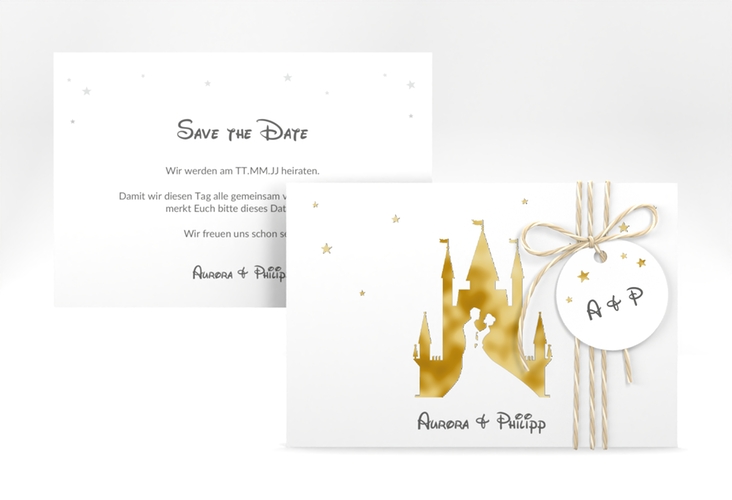 Save the Date-Karte Castle A6 Karte quer grau gold