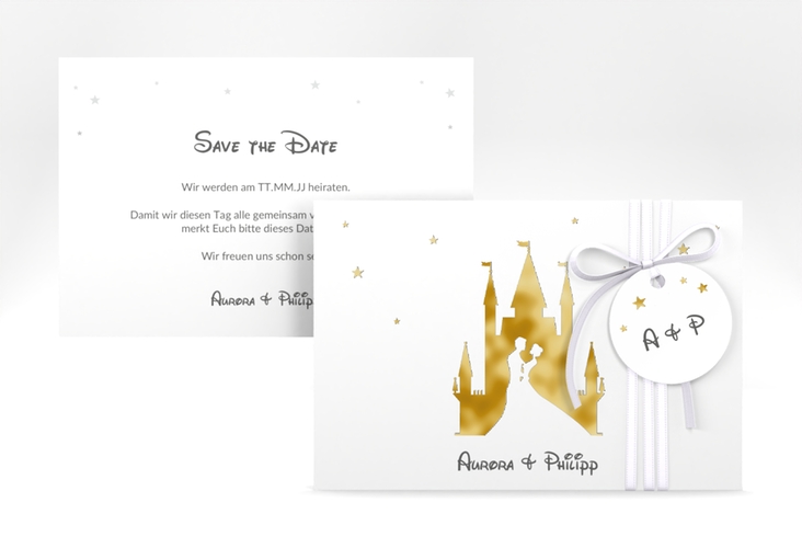 Save the Date-Karte Castle A6 Karte quer grau gold