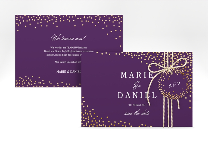 Save the Date-Karte Glitter A6 Karte quer lila gold