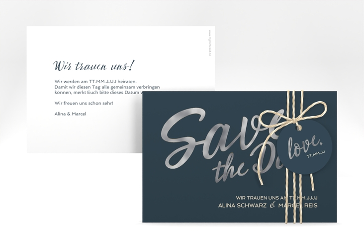 Save the Date-Karte Glam A6 Karte quer blau silber