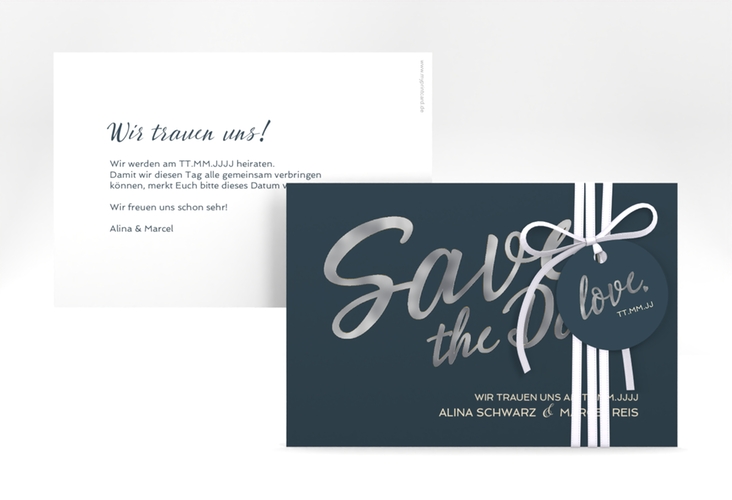 Save the Date-Karte Glam A6 Karte quer blau silber