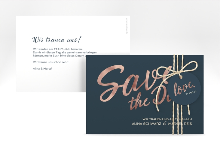 Save the Date-Karte Glam A6 Karte quer blau rosegold