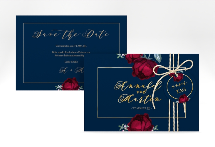 Save the Date-Karte Peonies A6 Karte quer blau gold elegant mit Pfingstrosen