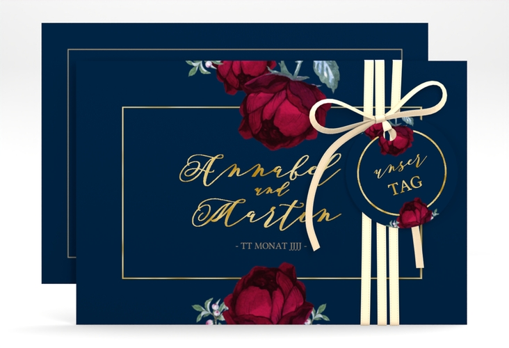 Save the Date-Karte Peonies A6 Karte quer blau gold elegant mit Pfingstrosen