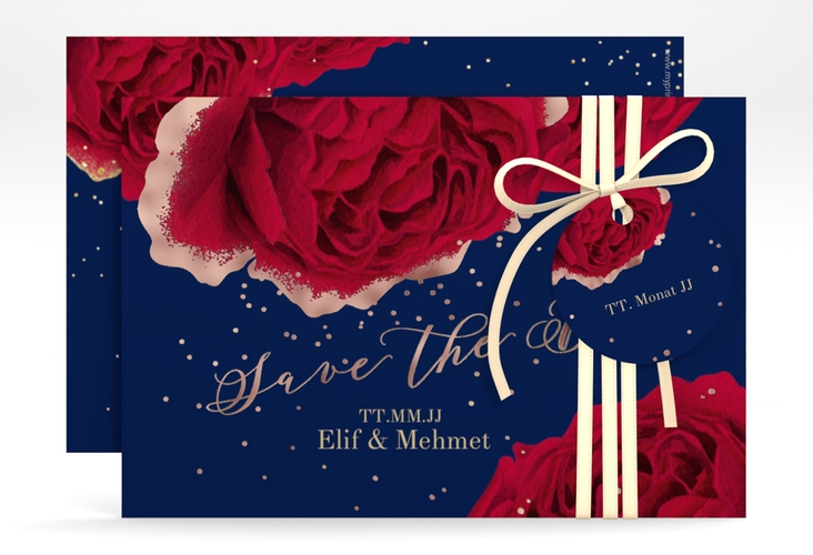 Save the Date-Karte Cherie A6 Karte quer blau rosegold