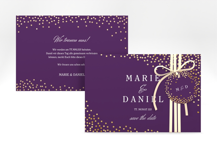 Save the Date-Karte Glitter A6 Karte quer lila gold