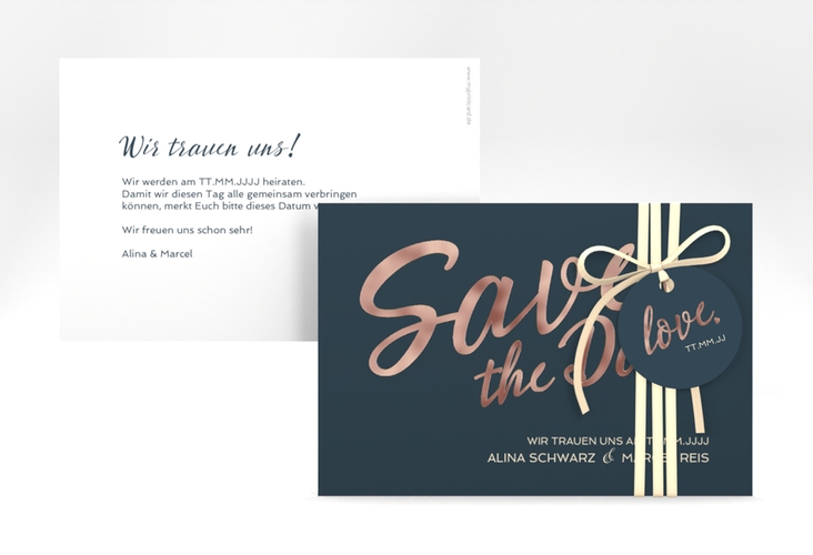 Save the Date-Karte Glam A6 Karte quer blau rosegold