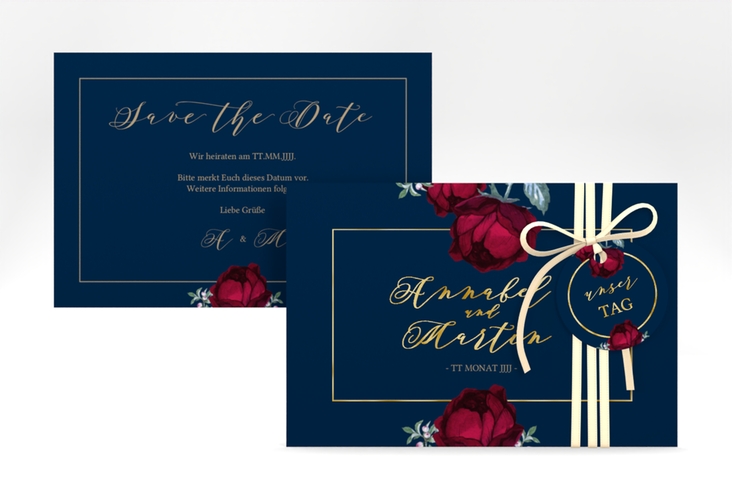 Save the Date-Karte Peonies A6 Karte quer blau gold elegant mit Pfingstrosen