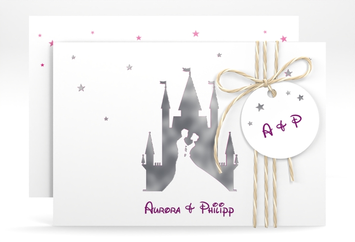 Save the Date-Karte Castle A6 Karte quer pink silber