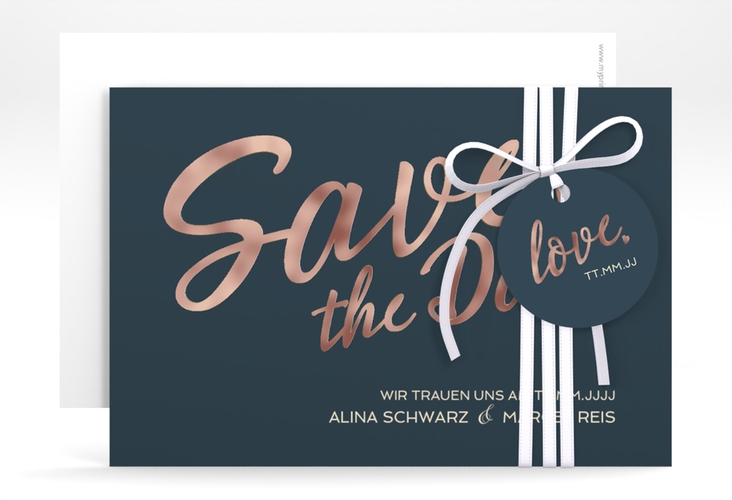 Save the Date-Karte Glam A6 Karte quer blau rosegold