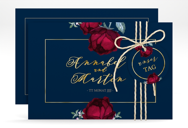 Save the Date-Karte Peonies A6 Karte quer blau gold elegant mit Pfingstrosen