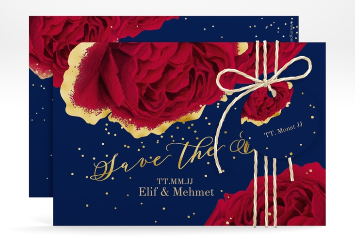 Save the Date-Karte Cherie A6 Karte quer blau gold