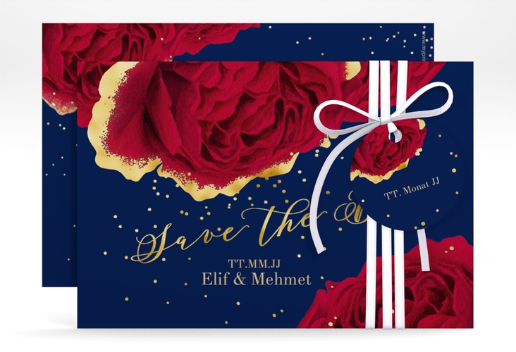 Save the Date-Karte Cherie A6 Karte quer blau gold