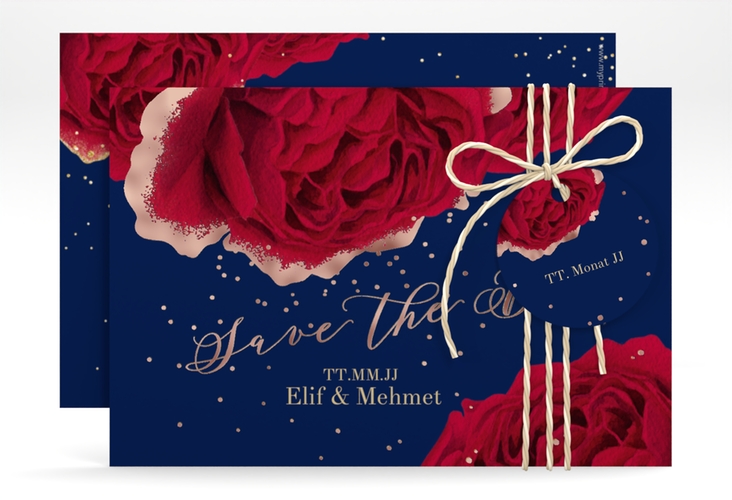 Save the Date-Karte Cherie A6 Karte quer blau rosegold