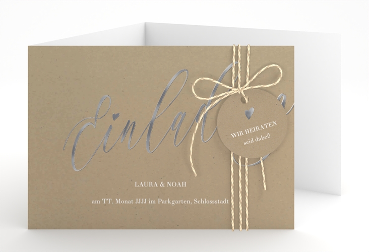 Hochzeitseinladung Kalligrafie A6 Doppel-Klappkarte Kraftpapier silber