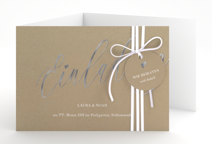 Hochzeitseinladung Kalligrafie A6 Doppel-Klappkarte Kraftpapier silber