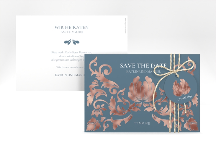 Save the Date-Karte Royal A6 Karte quer blau rosegold mit barockem Blumen-Ornament