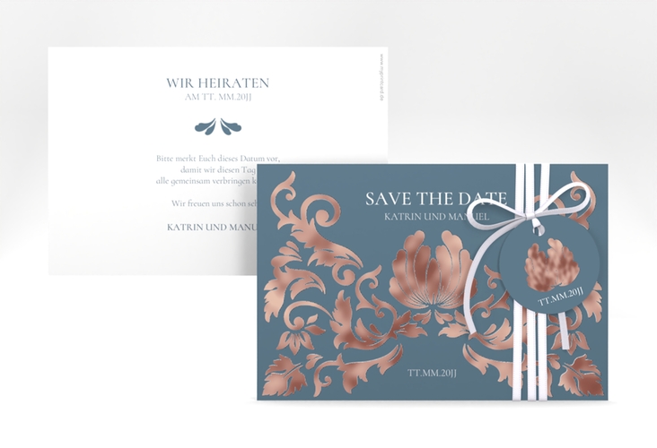 Save the Date-Karte Royal A6 Karte quer blau rosegold mit barockem Blumen-Ornament