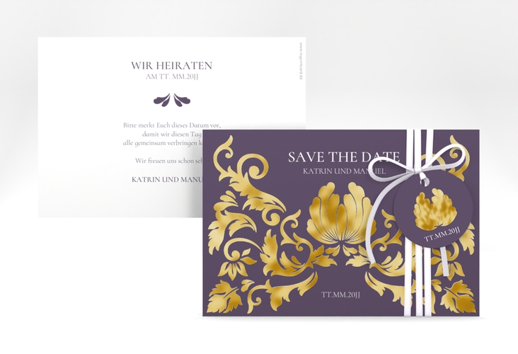 Save the Date-Karte Royal A6 Karte quer lila gold mit barockem Blumen-Ornament