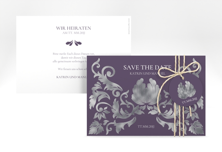 Save the Date-Karte Royal A6 Karte quer lila silber mit barockem Blumen-Ornament