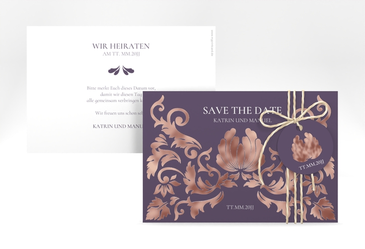 Save the Date-Karte Royal A6 Karte quer lila rosegold mit barockem Blumen-Ornament