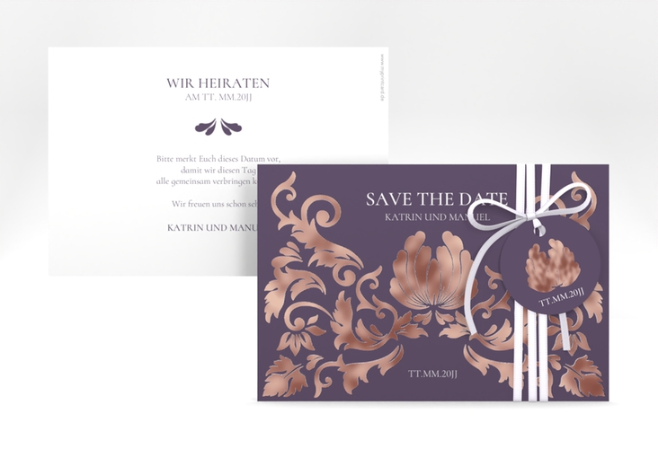 Save the Date-Karte Royal A6 Karte quer lila rosegold mit barockem Blumen-Ornament