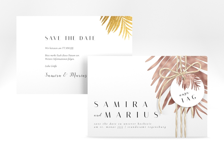 Save the Date-Karte Palmenblatt A6 Karte quer gold rosegold mit Palmenwedel