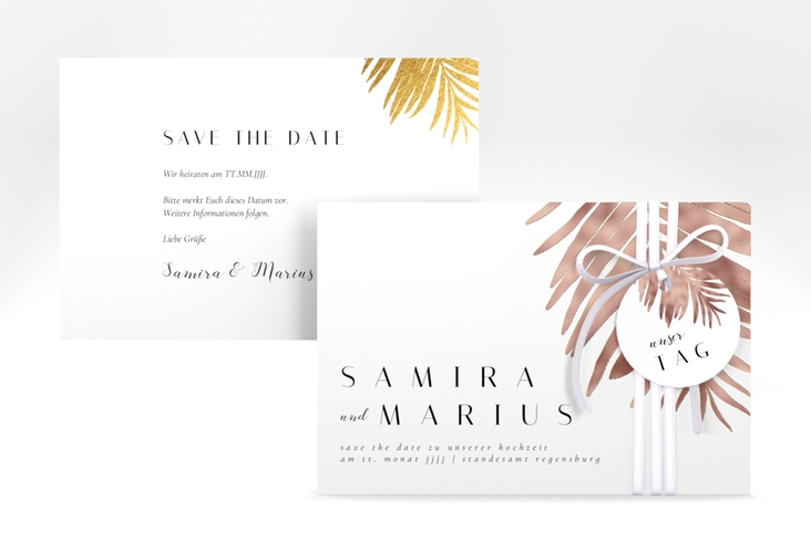 Save the Date-Karte Palmenblatt A6 Karte quer gold rosegold mit Palmenwedel