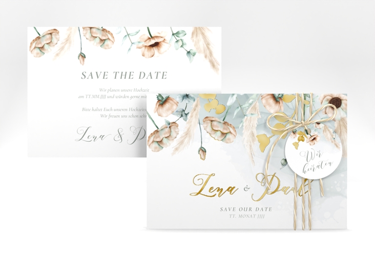 Save the Date-Karte Anemone A6 Karte quer mint gold