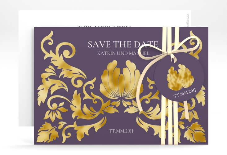 Save the Date-Karte Royal A6 Karte quer lila gold mit barockem Blumen-Ornament